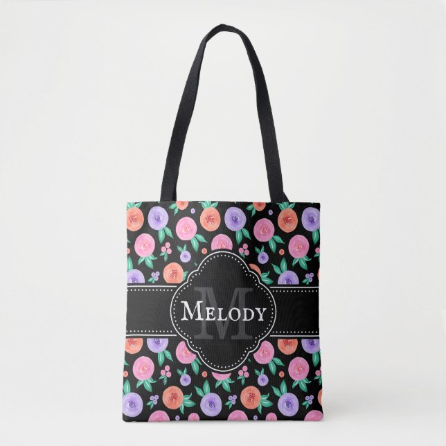 Pink / Purple Watercolor Rose Pattern on Black Tote Bag (Front)