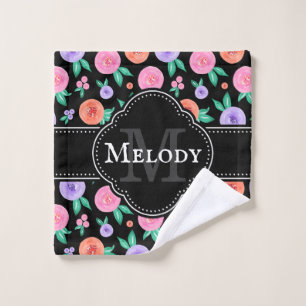 Pink / Purple Watercolor Rose Pattern on Black Wash Cloth