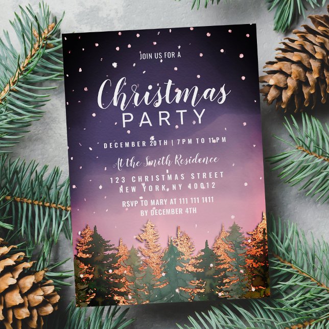 Pink Purple Watercolor Snow Trees Christmas Party Invitation (Pink Purple Watercolor Snow Trees Christmas Party Invitation )