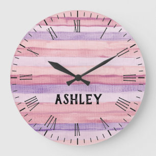 Pink & Purple Watercolor Stripes Personalized Large Clock
