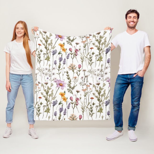 Pink Purple Watercolor Wildflower Pattern Fleece Blanket (In Situ)