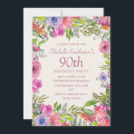 Pink Purple Watercolor Wildflowers 90th Birthday Invitation<br><div class="desc">Women's 90th birthday party invitation with pretty boho-style watercolor wildflowers in purple and pink with greenery and foliage.  Personalised with your own text. Contact me for assistance with your customisations or to request additional matching or coordinating Zazzle products for your party.</div>