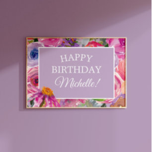 Pink Purple Watercolor Wildflowers Happy Birthday Poster