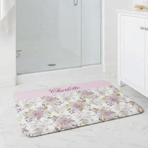 Pink Purple Watercolor Wildflowers Monogram Bath Mat