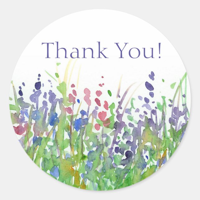 Pink Purple Watercolor Wildflowers Thank You Classic Round Sticker (Front)