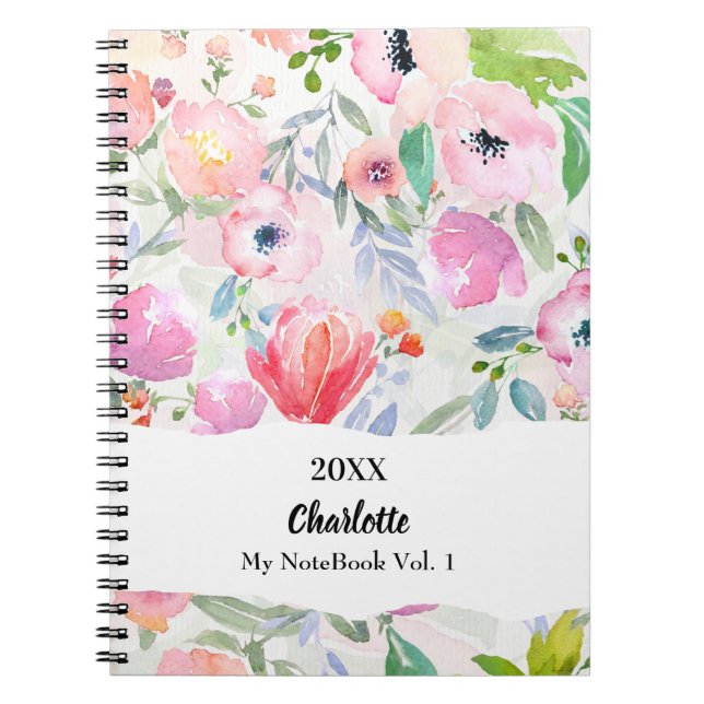 Pink purple watercolored flowers notebook (Front)