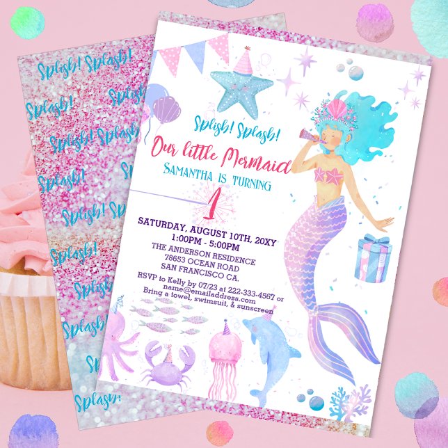 Pink Purple Whimsical Girl 1st Mermaid Birthday Invitation (Creator Uploaded)