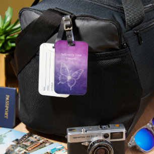 Pink Purple White Butterfly Luggage Tag