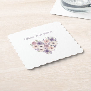 Pink Purple White Floral Heart Birthday Paper Coaster