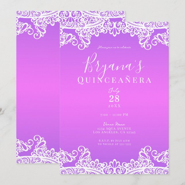 Pink Purple White Lace Elegant Quinceañera Party  Invitation (Front/Back)