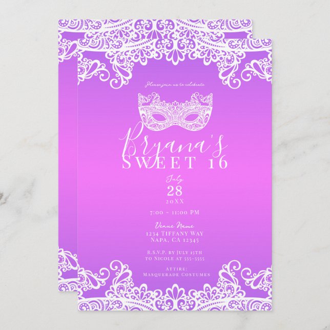 Pink Purple White Lace Masquerade Sweet 16 Party   Invitation (Front/Back)