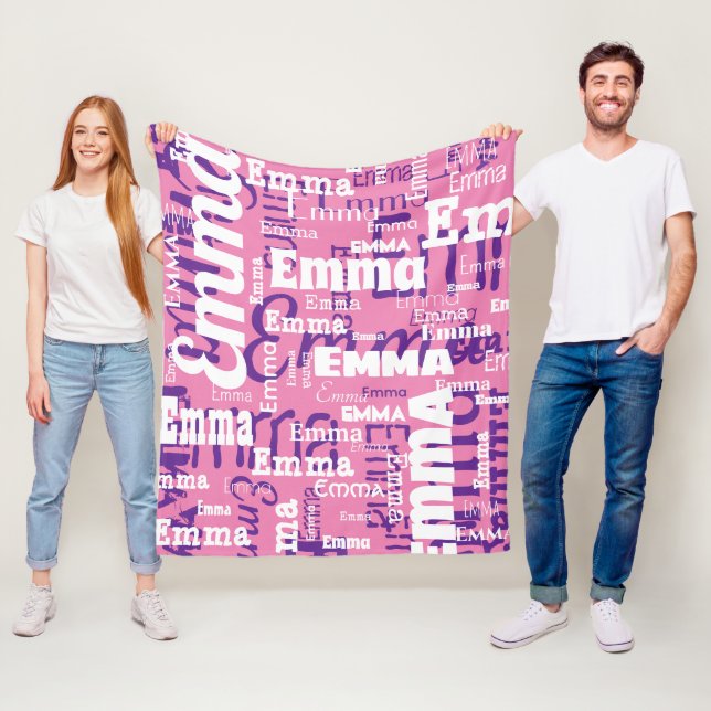Pink Purple White Name Repeat Typography Fleece Blanket (In Situ)