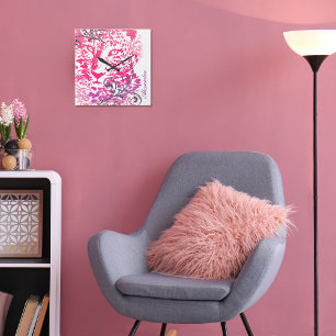 Pink Purple Wild Cat Leopard Cheetah with Flourish Square Wall Clock