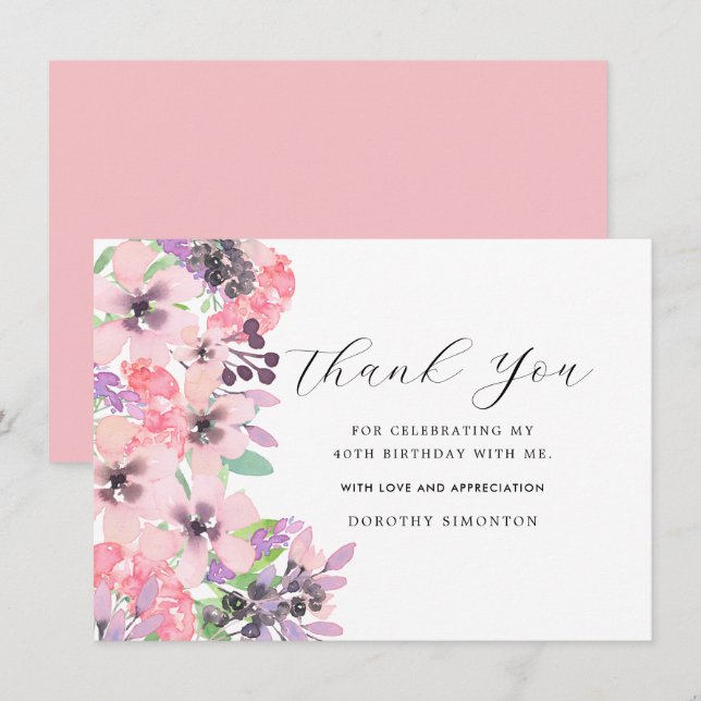 Pink Purple Wildflower 40th Birthday Thank You (Front/Back)