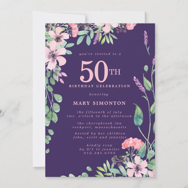 Pink Purple Wildflower Fall 50th Birthday Invitation (Front)