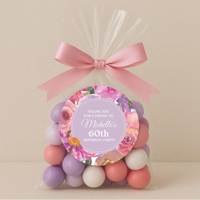 Pink Purple Wildflowers 60th Birthday Party Classic Round Sticker (Pink and purple watercolor floral 60th birthday party thank you sticker)