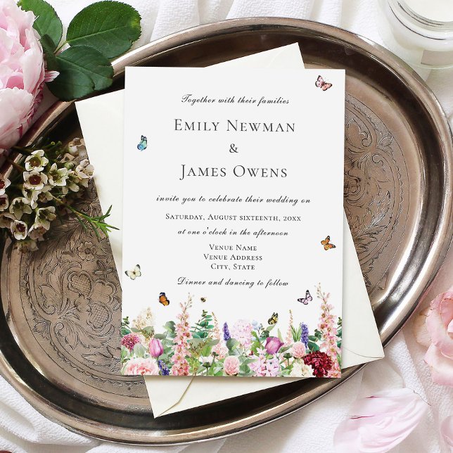 Pink Purple WildFlowers & Butterflies Wedding Invitation (Creator Uploaded)