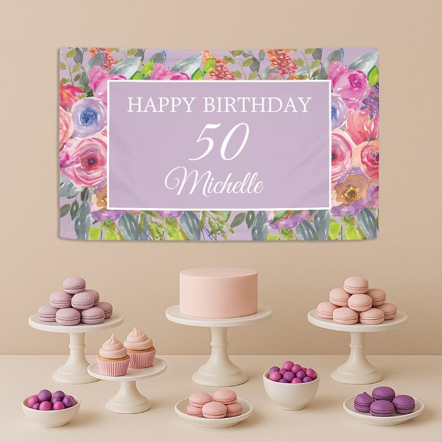 Pink Purple Wildflowers Happy 50th Birthday Banner (Elegant purple and pink watercolor floral 50th birthday party banner)