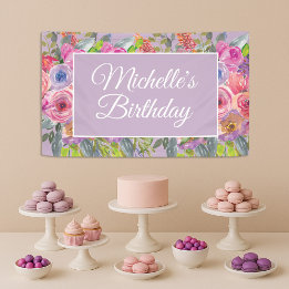 Pink Purple Wildflowers Name Script Birthday Banner