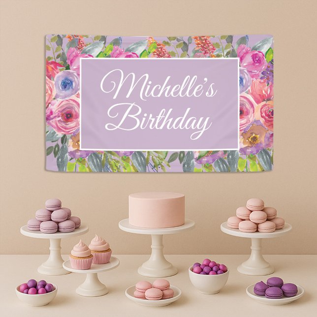 Pink Purple Wildflowers Name Script Birthday Banner (Elegant script purple and pink floral birthday banner)