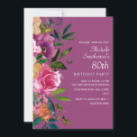 Pink Purple Yellow Floral 80th Birthday Invitation<br><div class="desc">Elegant 80th birthday party invitation for women with colourful pink,  purple,  and yellow watercolor flowers and foliage on a coordinating purple background.  Contact me for assistance with customisation or to request matching or coordinating Zazzle products.</div>