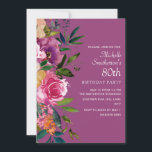 Pink Purple Yellow Floral 80th Birthday Invitation<br><div class="desc">Elegant 80th birthday party invitation for women with colourful pink,  purple,  and yellow watercolor flowers and foliage on a coordinating purple background.  Contact me for assistance with customisation or to request matching or coordinating Zazzle products.</div>