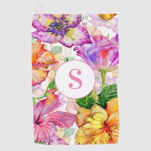 Pink Purple Yellow Floral Monogram Golf Towel