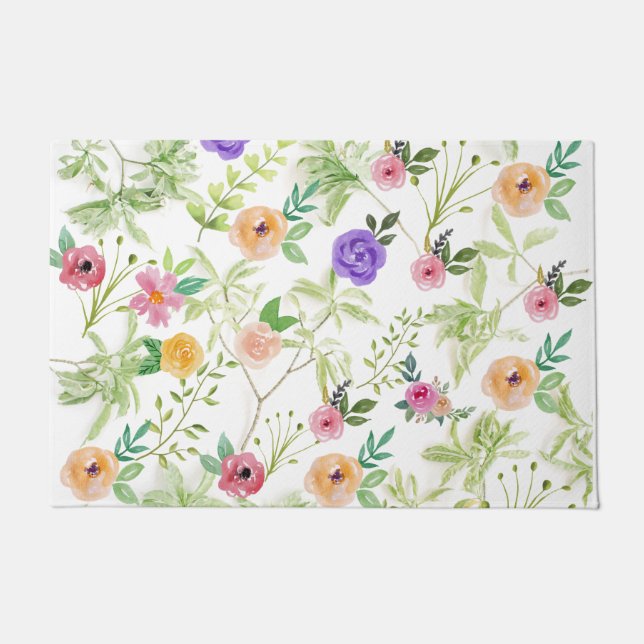 Pink Purple Yellow Floral Shabby Chic Doormat (Front)