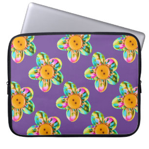 Pink, purple, yellow flowers on dark violet laptop sleeve