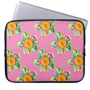 Pink, purple, yellow flowers on soft pink laptop sleeve