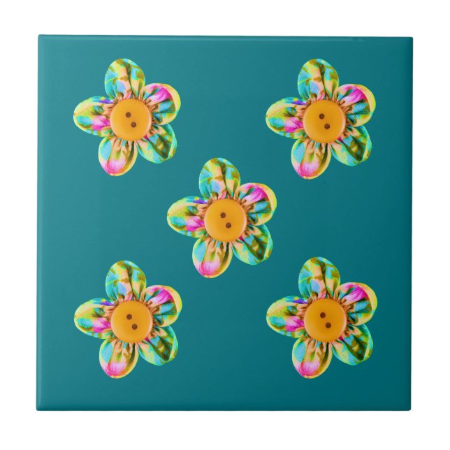 Pink, purple, yellow flowers on turquoise tile (Front)