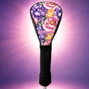 Pink Purple Yellow Peony Floral Personalised Golf Head Cover