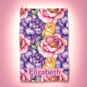 Pink Purple Yellow Peony Floral Personalised Golf Towel