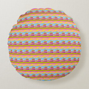 Pink Purple Yellow Sunset Boat Blue Waves Round Cushion