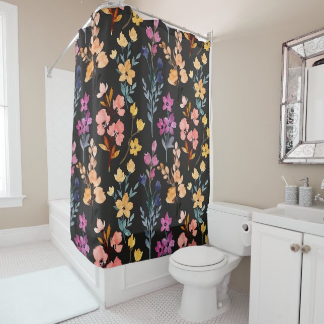 Pink Purple Yellow Watercolor Floral Black Shower Curtain (In Situ)