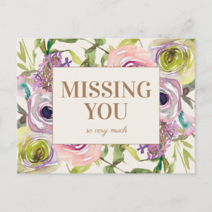 Pink Purple Yellow Watercolor Floral Missing You Postcard