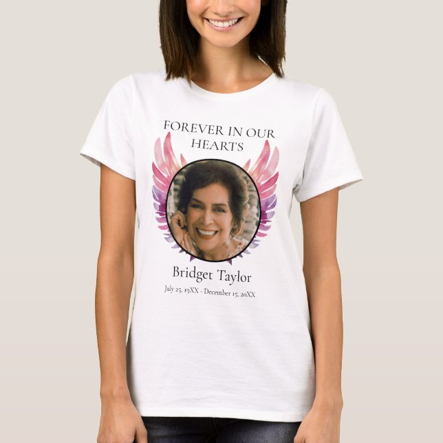 Pink & Purples Angel Wings Funeral Photo Memorial  T-Shirt (Front)