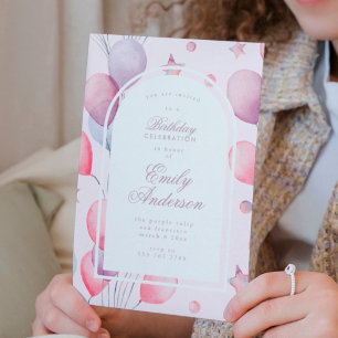 Pink Purples Balloons Stars Birthday Party Girl Invitation