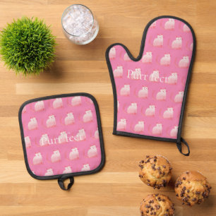Pink Purrfect Cat Oven Mitt & Pot Holder Set