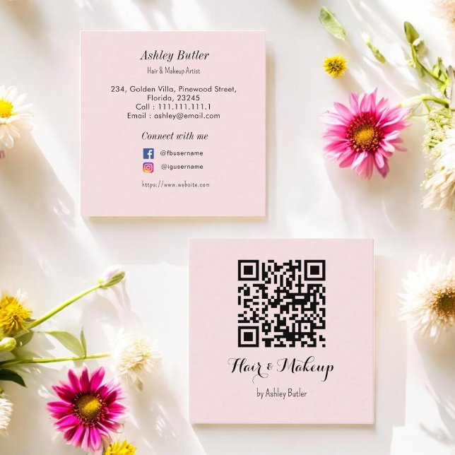 Pink QR Code Beauty Makeup Artist   Square Business Card (Creator Uploaded)