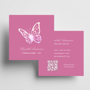 Pink QR code butterfly elegant Square Business Card