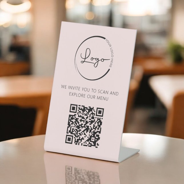 Pink QR Code Menu Logo Modern Restaurant Pedestal Sign (Creator Uploaded)