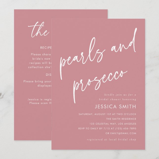 Pink QR Code Pearls and Prosecco Bridal Shower Invitation (Front/Back)