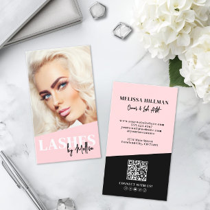 Pink QR Code Photo Lashes Vertical Business Card
