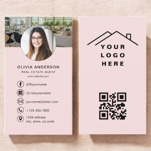 Pink QR Code Real Estate Agent Photo Logo Business Card