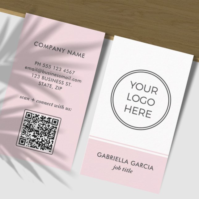Pink QR Code Simple Logo Business Card (Front and back of the business card are shown in standard size. Choose size, corner + paper style.)