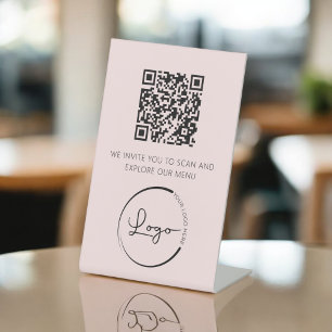 Pink QR Code White Menu Logo Modern Restaurant Pedestal Sign