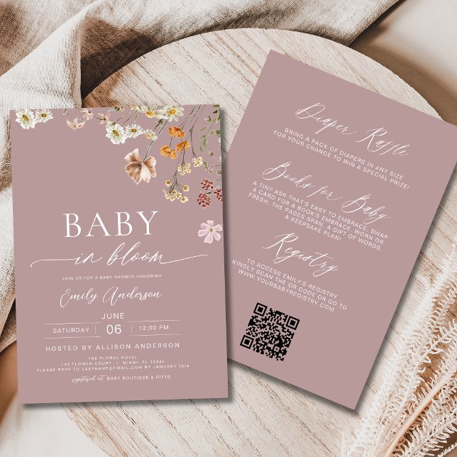 Pink QR Code Wildflower Baby in Bloom Baby Shower  Invitation (Creator Uploaded)