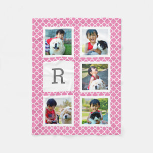 Pink Quatrefoi Personalised Photo Collage Monogram Fleece Blanket