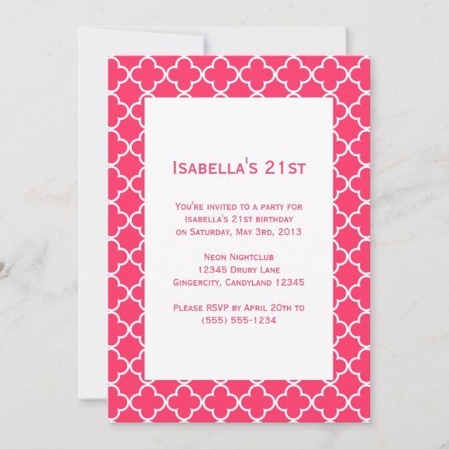 Pink Quatrefoil Birthday Invitation (Front)